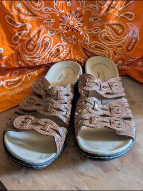 Clarks Brown Braided Slide Sandals